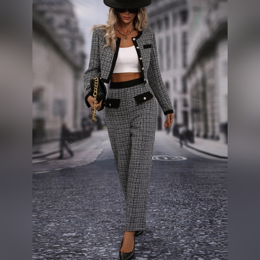 Plaid Print Contrast Trim Crop Jacket & Pants - Picture 3 of 4